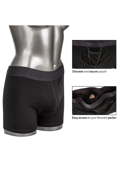 Packer Gear Black Boxer Brief Harness with stretchy fabric, reinforced O-ring, packer pouch, and 2-panel design for comfortable, stylish packing.

Packer Gear Black Boxer Brief Harness, strapless harness briefs, packer-friendly boxer briefs, natural look harness, double penetration briefs, reinforced O-ring packer briefs, phthalate-free harness, washable boxer brief harness, bullet pocket harness briefs, plus size harness