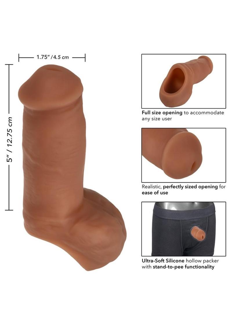 Packer Gear Ultra-Soft STP Packer with hollow shaft for stand-to-pee functionality, lifelike design, and premium silicone construction in brown skin tone.