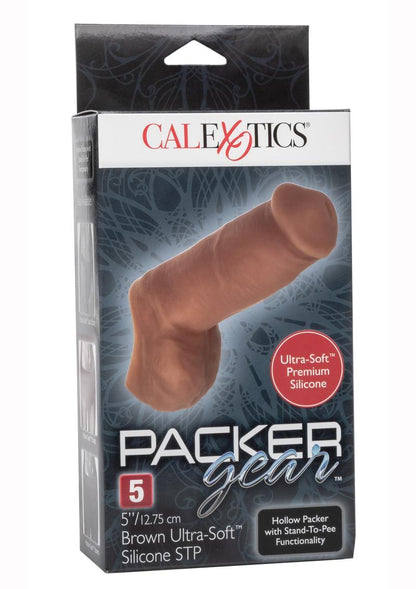 Packer Gear Ultra-Soft STP Packer with hollow shaft for stand-to-pee functionality, lifelike design, and premium silicone construction in brown skin tone.