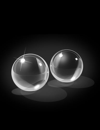 Clear borosilicate glass Ben-Wa balls, 1.2 inches in diameter, for pelvic floor exercise and vaginal stimulation.glass Ben-Wa balls, Icicles No. 42, pelvic floor exercise balls, borosilicate glass kegel balls, vaginal stimulation balls, hypoallergenic Ben-Wa balls, temperature play kegel balls, luxury intimate wellness toy, body-safe Ben-Wa balls, elegant kegel balls