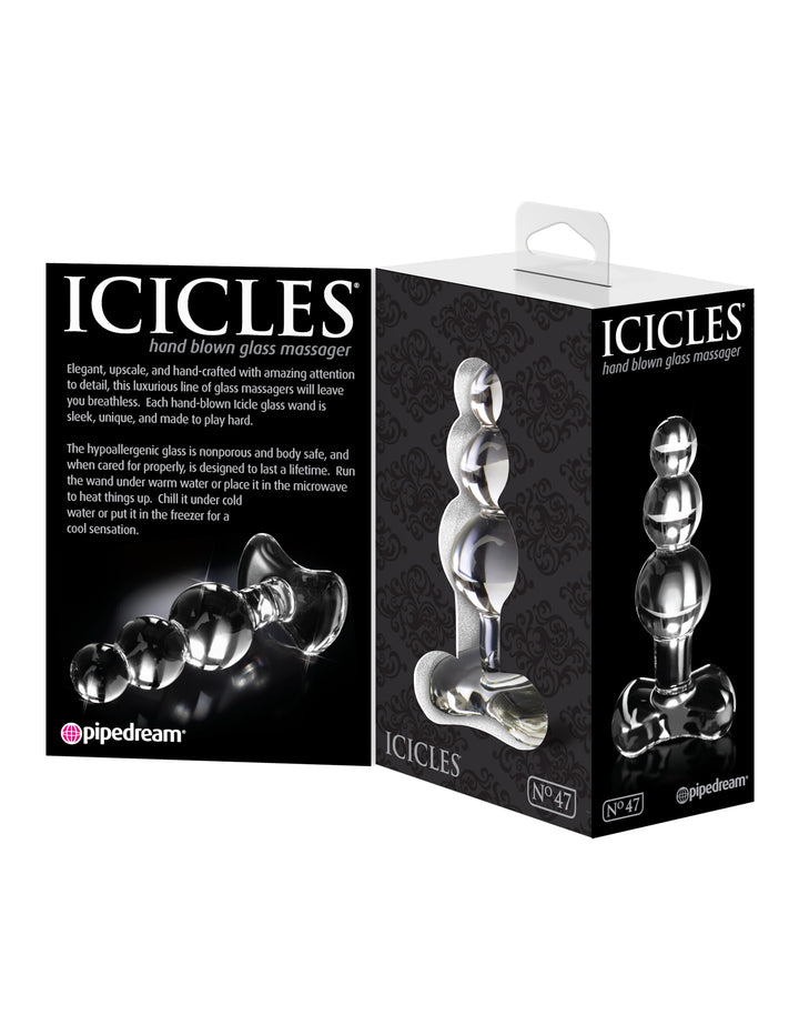 Hand-blown glass plug with tapered tip, graduated bulbs, and ergonomic base, perfect for anal play and temperature-responsive sensations.

Icicles No. 47 glass plug, hand-blown glass anal plug, luxury anal toy, hypoallergenic glass plug, graduated bulb anal plug, temperature play glass toy, elegant anal massager, nonporous glass butt plug, ergonomic anal toy, dishwasher-safe anal plug