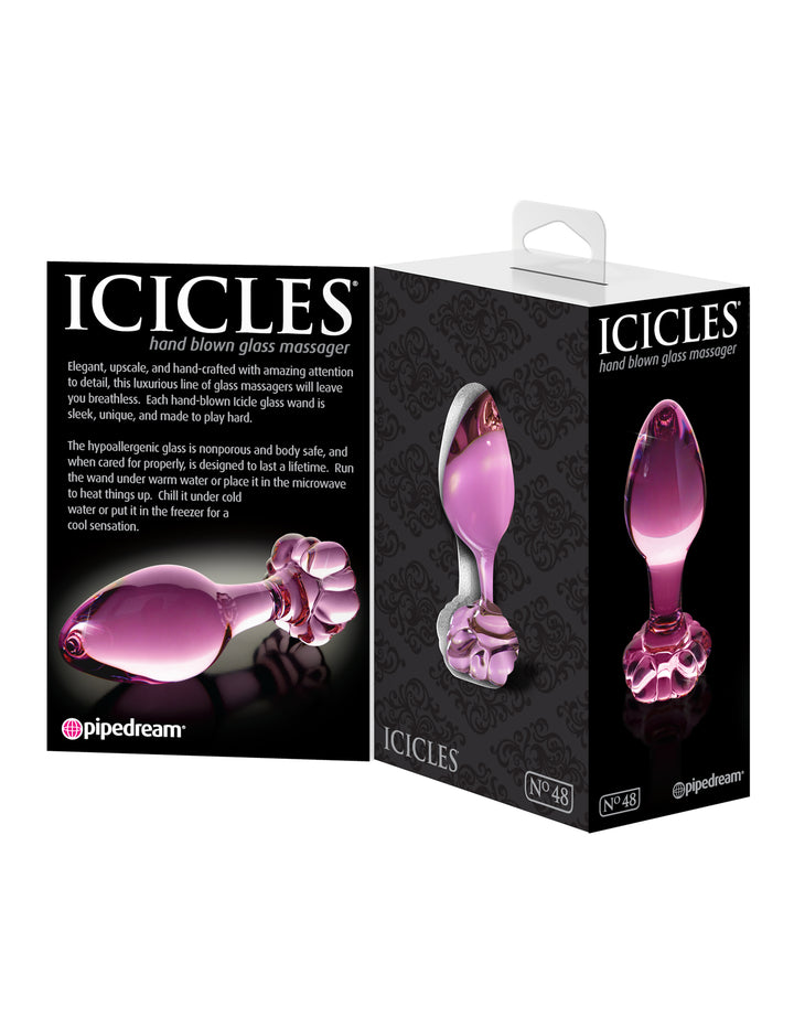 Icicles No. 48 Flower Shaped Glass Anal Plug - Pink
Pink glass anal plug with a tapered tip, bulbous design, and ergonomic base for comfortable and safe anal play.
Icicles No. 48, pink glass plug, luxury anal toy, hypoallergenic glass anal plug, tapered anal plug, temperature play butt plug, dishwasher-safe anal plug, body-safe glass plug, bulbous anal plug, elegant glass toy