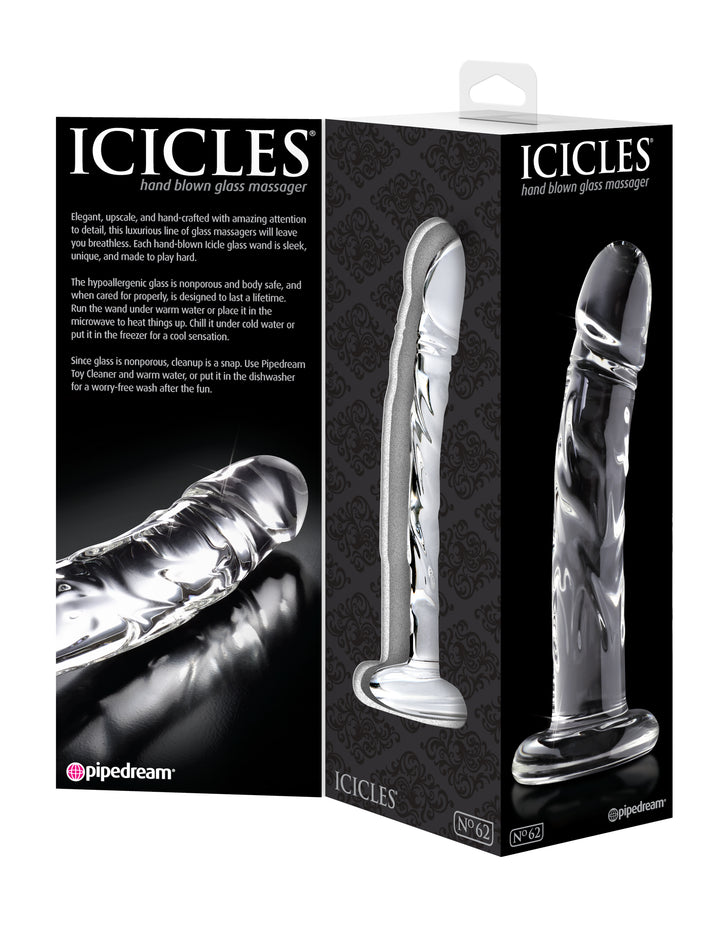 Elegant glass massager with a curved design, tapered tip, and harness-compatible base for G-Spot or P-Spot stimulation.

Icicles No. 62, glass massager, hypoallergenic glass toy, G-Spot stimulation wand, P-Spot glass toy, realistic glass dildo, temperature play toy, harness-compatible glass toy, dishwasher-safe glass massager, luxury glass wand.