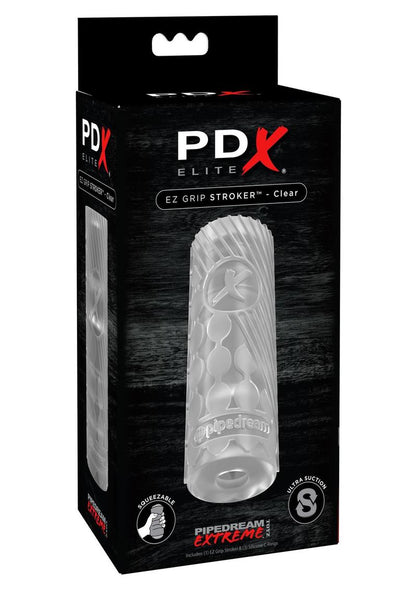 Pipedream Extreme Elite EZ Grip Masturbator - Clear EZ Grip Stroker in black or clear, featuring a textured interior, squeezable design, and snug suction for ultimate pleasure.

black stroker, clear stroker, textured stroker, suction stroker, handheld masturbator, squeezable stroker, TPE stroker, body-safe stroker, non-slip stroker, PDX Elite Stroker, male masturbator.