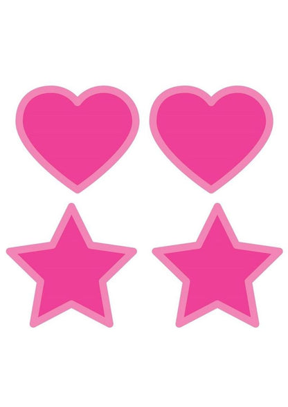 Peekaboo Glow In The Dark Hearts and Stars Pasties - Glow In The Dark/Hot Pink/Pink. Hot pink glow-in-the-dark pasties in heart and star designs with self-adhesive backing. Fun, flirty, and perfect for festivals or playful looks.

