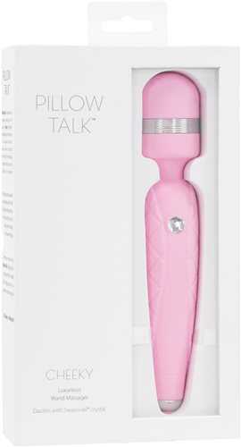 Pillow Talk Cheeky Wand, a pink vibrating wand with soft silicone, Swarovski® crystal button, deep rumbly vibrations, and USB rechargeable convenience.

pink silicone wand, luxury vibrating wand, Swarovski crystal wand, USB rechargeable massager, compact wand vibrator, soft silicone wand, deep rumbly vibrations, elegant pink massager.