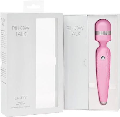 Pillow Talk Cheeky Wand, a pink vibrating wand with soft silicone, Swarovski® crystal button, deep rumbly vibrations, and USB rechargeable convenience.

pink silicone wand, luxury vibrating wand, Swarovski crystal wand, USB rechargeable massager, compact wand vibrator, soft silicone wand, deep rumbly vibrations, elegant pink massager.