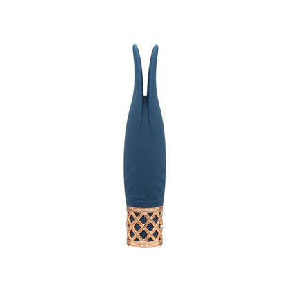 Mini navy blue wand vibrator with flickering rabbit ear tips, a rose gold lattice base, and incremental speed control for targeted stimulation.
Keywords: rabbit ear vibrator, mini wand massager, Pillow Talk Secrets, PowerBullet motor, silicone vibrator, clitoral vibrator, travel-friendly vibrator, waterproof mini vibrator, rechargeable vibrator, rose gold vibrator.