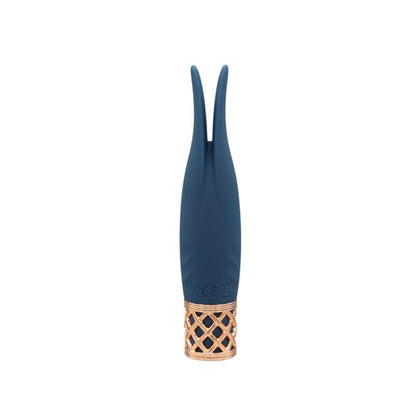 Mini navy blue wand vibrator with flickering rabbit ear tips, a rose gold lattice base, and incremental speed control for targeted stimulation.
Keywords: rabbit ear vibrator, mini wand massager, Pillow Talk Secrets, PowerBullet motor, silicone vibrator, clitoral vibrator, travel-friendly vibrator, waterproof mini vibrator, rechargeable vibrator, rose gold vibrator.