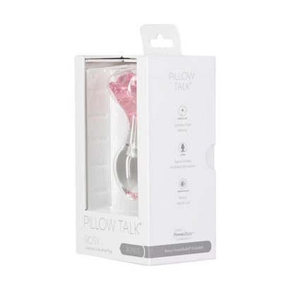 Pink rose-shaped glass anal plug with a tapered stem and elegant base for temperature play and luxurious anal stimulation. Keywords: glass anal plug, pink rose anal plug, luxurious anal toy, borosilicate glass plug, elegant anal stimulation, temperature play toy, beginner-friendly anal plug, body-safe anal plug, easy-to-clean glass toy, PowerBullet anal plug.