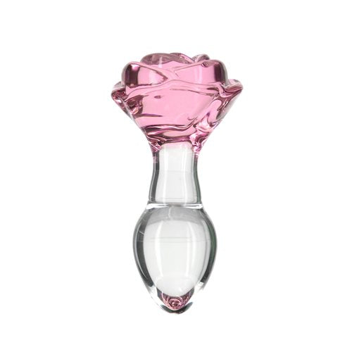 Pink rose-shaped glass anal plug with a tapered stem and elegant base for temperature play and luxurious anal stimulation. Keywords: glass anal plug, pink rose anal plug, luxurious anal toy, borosilicate glass plug, elegant anal stimulation, temperature play toy, beginner-friendly anal plug, body-safe anal plug, easy-to-clean glass toy, PowerBullet anal plug.