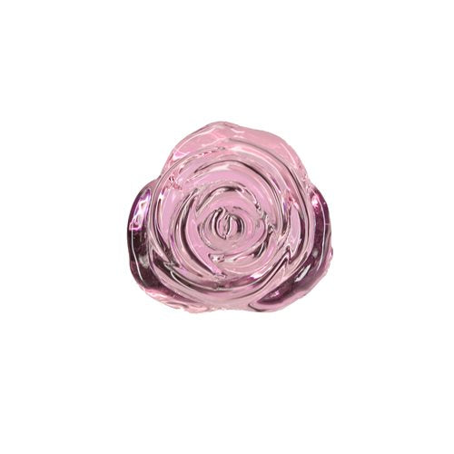 Pink rose-shaped glass anal plug with a tapered stem and elegant base for temperature play and luxurious anal stimulation. Keywords: glass anal plug, pink rose anal plug, luxurious anal toy, borosilicate glass plug, elegant anal stimulation, temperature play toy, beginner-friendly anal plug, body-safe anal plug, easy-to-clean glass toy, PowerBullet anal plug.