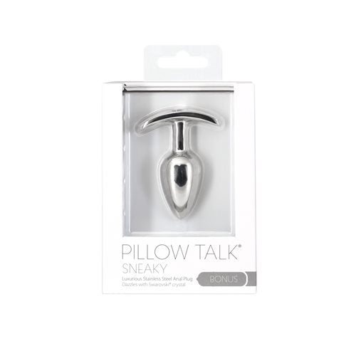 Stainless steel anal plug with a Swarovski® crystal base, tapered shape, and sleek design, perfect for luxurious anal exploration. Keywords: stainless steel anal plug, Pillow Talk Sneaky plug, weighted anal plug, Swarovski crystal plug, luxury anal toy, beginner-friendly anal plug, PowerBullet anal plug, seamless anal plug, body-safe stainless steel toy, elegant anal plug.