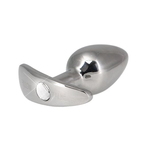 Stainless steel anal plug with a Swarovski® crystal base, tapered shape, and sleek design, perfect for luxurious anal exploration. Keywords: stainless steel anal plug, Pillow Talk Sneaky plug, weighted anal plug, Swarovski crystal plug, luxury anal toy, beginner-friendly anal plug, PowerBullet anal plug, seamless anal plug, body-safe stainless steel toy, elegant anal plug.