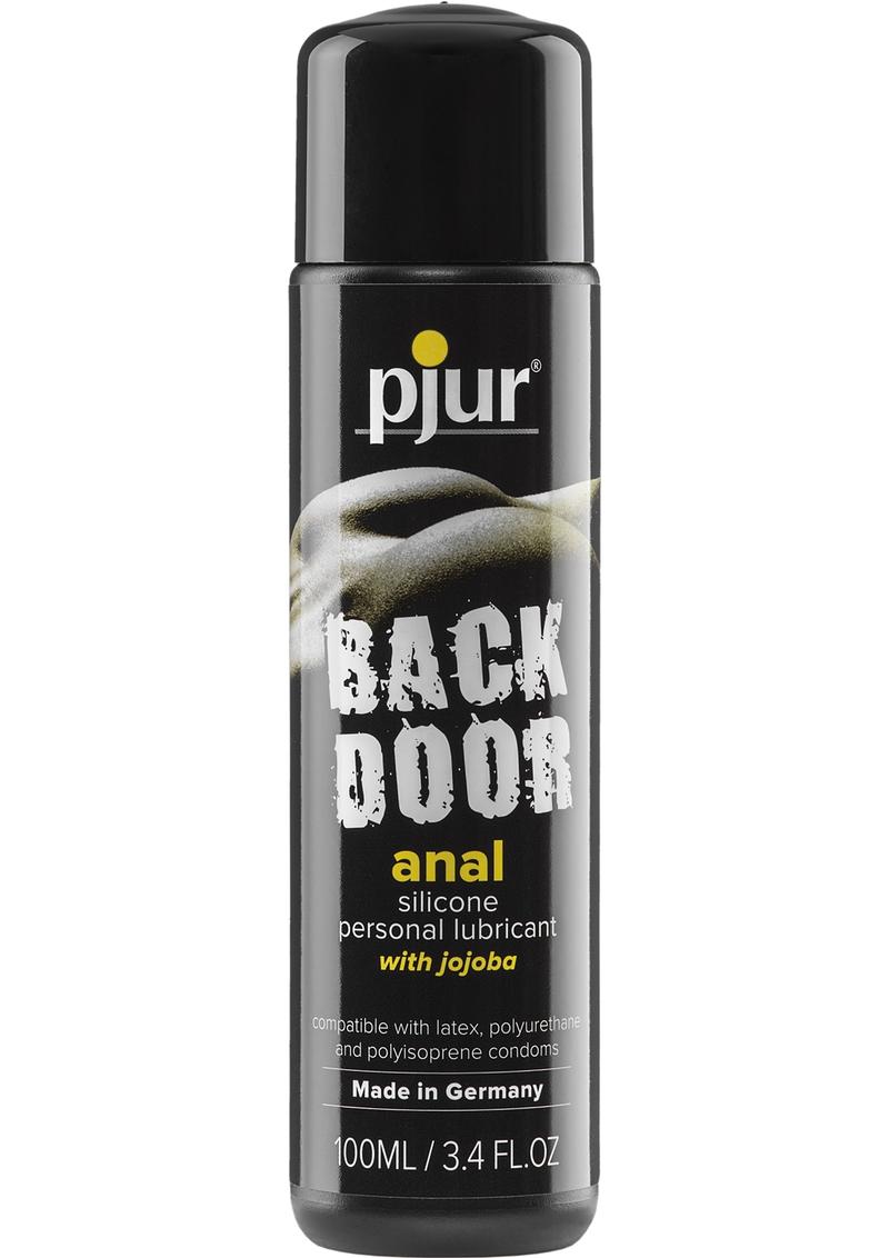 Bottle of Pjur Backdoor Anal Silicone Personal Lubricant with jojoba, 250ml (8.5 fl. oz.), compatible with latex, polyurethane, and polyisoprene condoms.