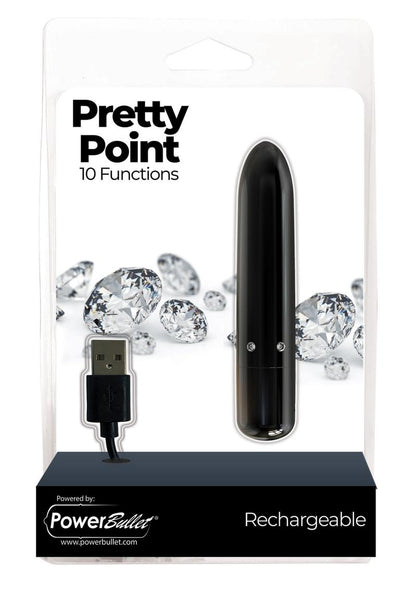 Powerbullet Pretty Point Rechargeable Bullet Vibrator - Black Pretty Point Bullet Vibrator in black, pink, purple, or teal, with crystal accents, pointed tip, and compact design for targeted pleasure.
keywords: Pretty Point bullet vibrator, PowerBullet motor vibrator, 10-function bullet vibe, pointed tip vibrator, crystal-accented bullet, waterproof bullet vibrator, rechargeable bullet vibrator, compact luxury vibrator, body-safe mini vibe, glamorous bullet vibrator