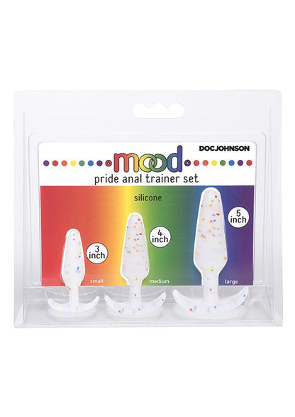 Pride Anal Trainer Kit - Clear/Multicolor - Large/Small  Mood Naughty 1 Trainer Set with three confetti-filled silicone plugs in small, medium, and large sizes, featuring a tapered tip and curved base for comfort.

