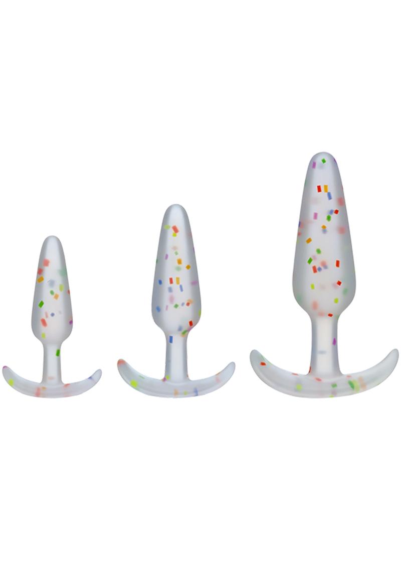 Pride Anal Trainer Kit - Clear/Multicolor - Large/Small Mood Naughty 1 Trainer Set with three confetti-filled silicone plugs in small, medium, and large sizes, featuring a tapered tip and curved base for comfort.

