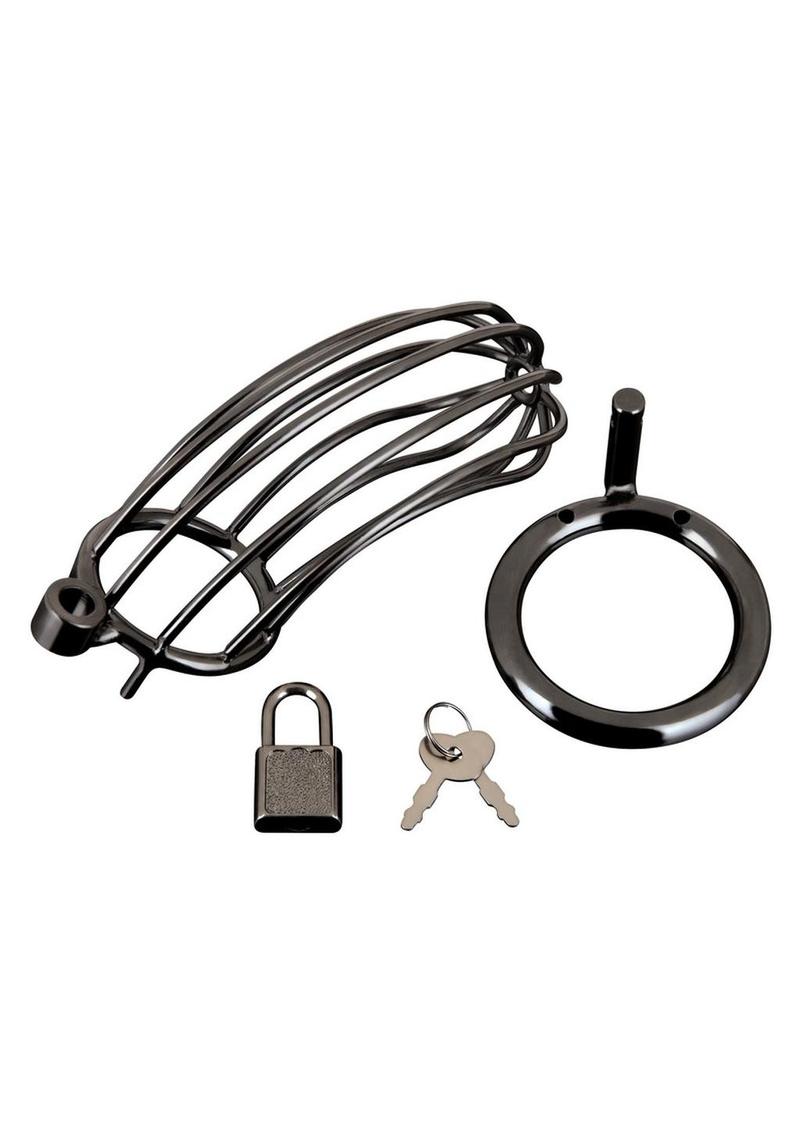 Prisoner Cock Cage - Black Stainless steel Prisoner Cock Cage Chastity Device with three-piece interlocking design, customizable rings, padlock, and key for secure, long-term wear.