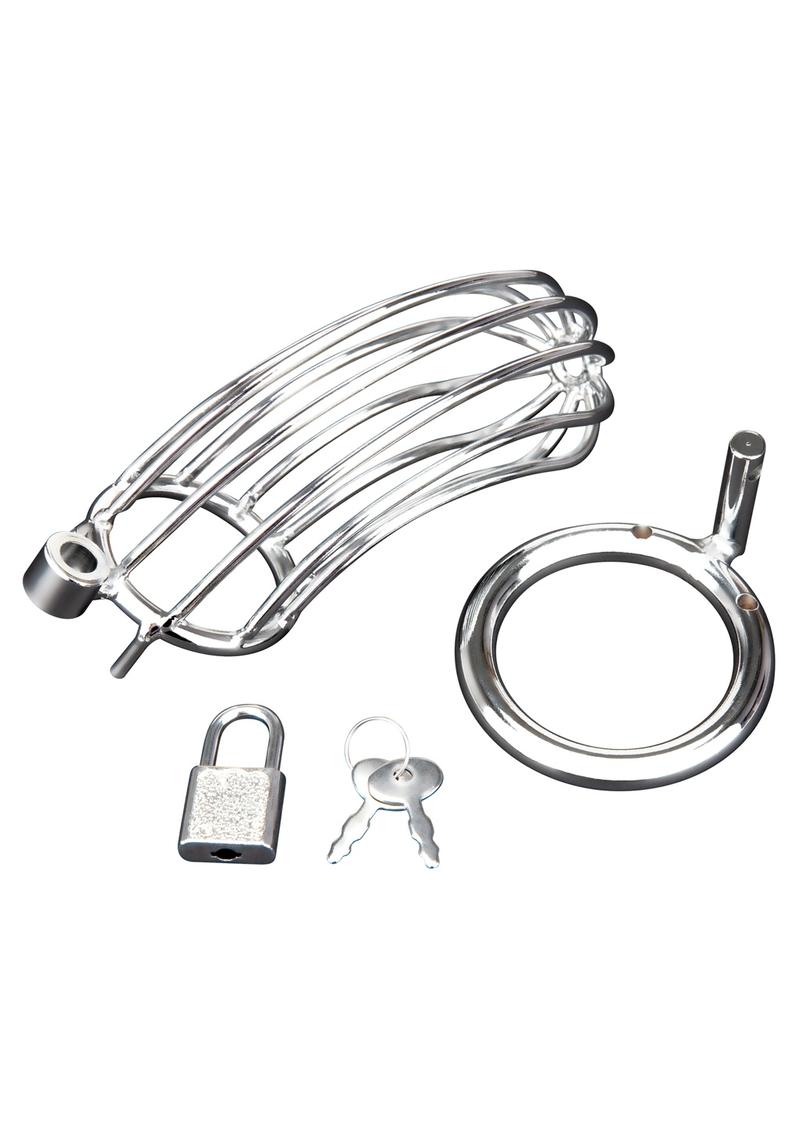 Prisoner Cock Cage - Metal Stainless steel Prisoner Cock Cage Chastity Device with three-piece interlocking design, customizable rings, padlock, and key for secure, long-term wear.