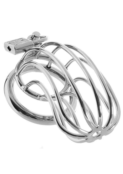 Stainless steel Prisoner Cock Cage Chastity Device with three-piece interlocking design, customizable rings, padlock, and key for secure, long-term wear.