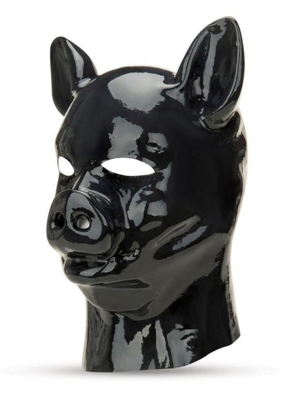 Black latex pig hood with a snout, eye openings, and breathable design, crafted from stretchy premium latex for role-play and kink. Keywords: Prowler RED Pig Hood, latex pig hood, animal role-play hood, bondage mask, sensory deprivation hood, piggy kink mask, stretchy latex hood, breathable latex hood, fetish play, animalistic hood, kink accessories.