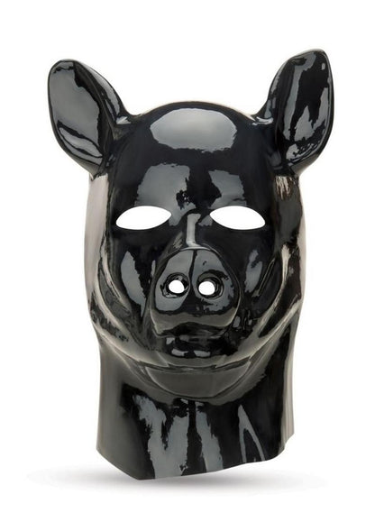 Black latex pig hood with a snout, eye openings, and breathable design, crafted from stretchy premium latex for role-play and kink. Keywords: Prowler RED Pig Hood, latex pig hood, animal role-play hood, bondage mask, sensory deprivation hood, piggy kink mask, stretchy latex hood, breathable latex hood, fetish play, animalistic hood, kink accessories.