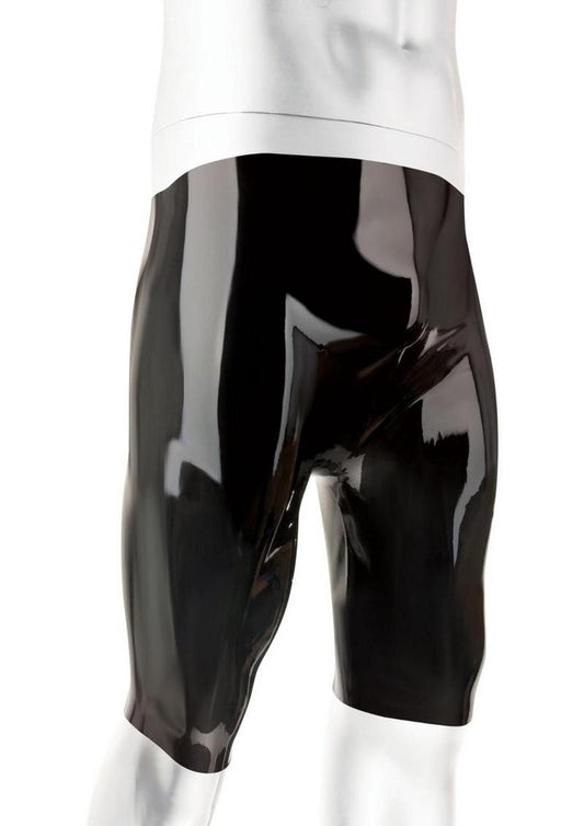 Black latex shorts with a sleek seamless finish, designed for bold fashion and kink, made from stretchy, luxurious latex material. Keywords: Prowler RED latex shorts, latex shorts, kinky fashion, role-playing wear, club scene outfit, fetish latex, seamless latex shorts, shiny latex, stretchy latex, latex statement piece, latex fetish gear. 