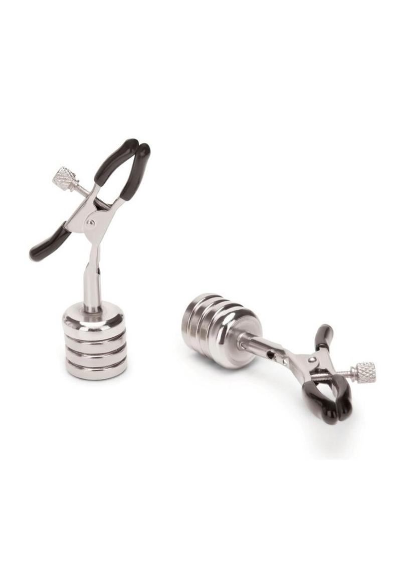 Stainless steel nipple clamps with removable magnetic weights and adjustable rubber grip tips. Keywords: nipple clamps, magnetic weights, Prowler RED clamps, stainless steel nipple clamps, adjustable nipple clamps, BDSM accessories, beginner nipple clamps, bondage play, kink tools, rubber-tipped clamps. 