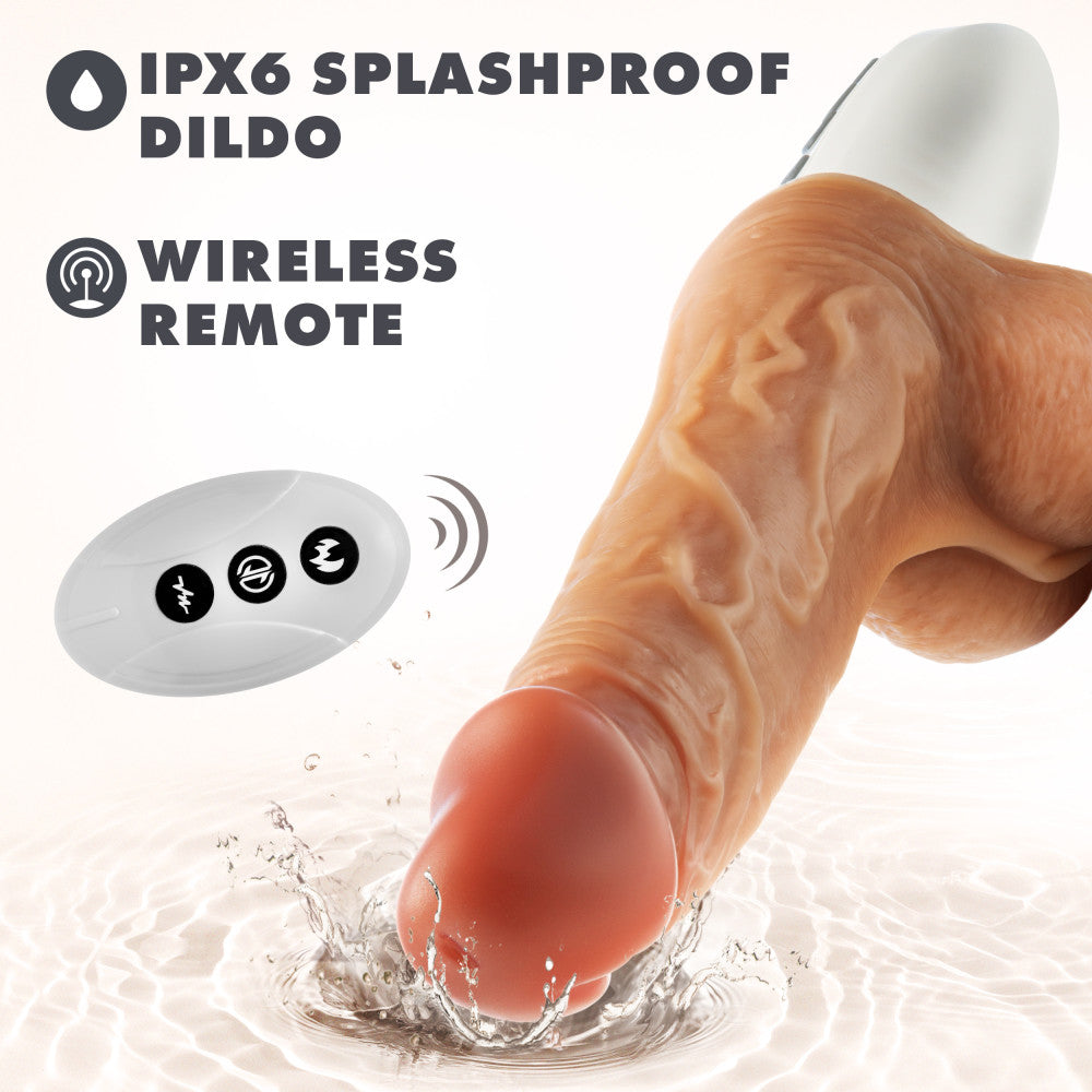 Realistic thrusting and vibrating dildo with remote control, warming feature, and hands-free suction cup base. 
Keywords: realistic dildo, thrusting dildo, vibrating dildo, remote control sex toy, platinum-cured silicone, warming dildo, suction cup dildo, USB rechargeable dildo, 7-inch dildo, body-safe sex toy, advanced stimulation, thrusting and gyrating dildo