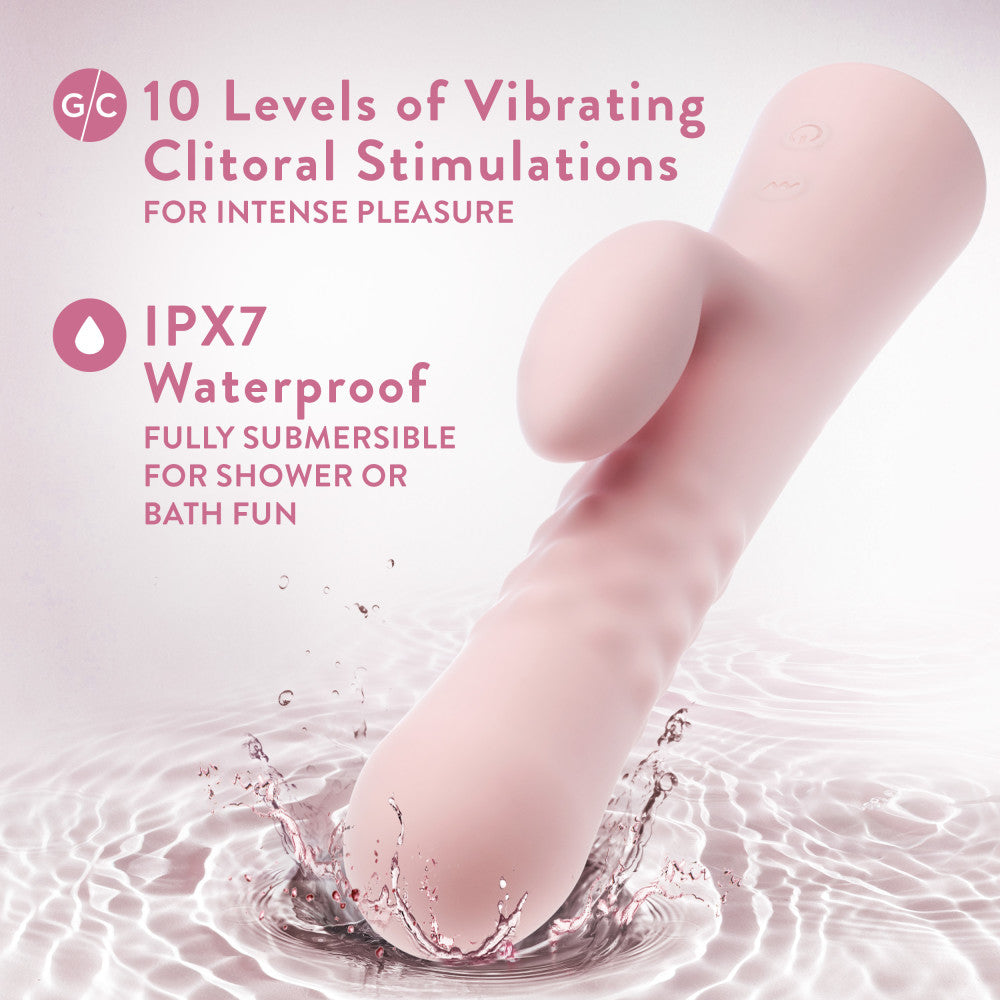 Pink rabbit vibrator with pulsating textured shaft, dual stimulation, and waterproof silicone design for G-spot and clitoral pleasure.
Keywords: rabbit vibrator, Jaymie vibrator, pulsating shaft, G-spot vibrator, clitoral stimulation, dual-stimulation vibrator, waterproof vibrator, USB rechargeable, platinum-cured silicone, soft silicone vibrator, expanding shaft, body-safe vibrator, 9.25-inch vibrator