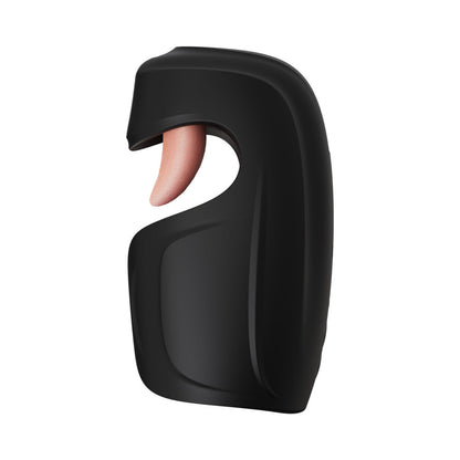 A sleek black penis stimulator with 10 tongue-teasing modes, pulsating shaft stimulation, and a ribbed taco wrap design. USB rechargeable and crafted from body-safe silicone. Keywords: vibrating penis stimulator, M For Men Lickety Split, tongue-teasing toy, pulsating vibration, ribbed wrap design, USB rechargeable stimulator, body-safe silicone, edging toy, male vibrator, black penis stimulator, customizable stimulation