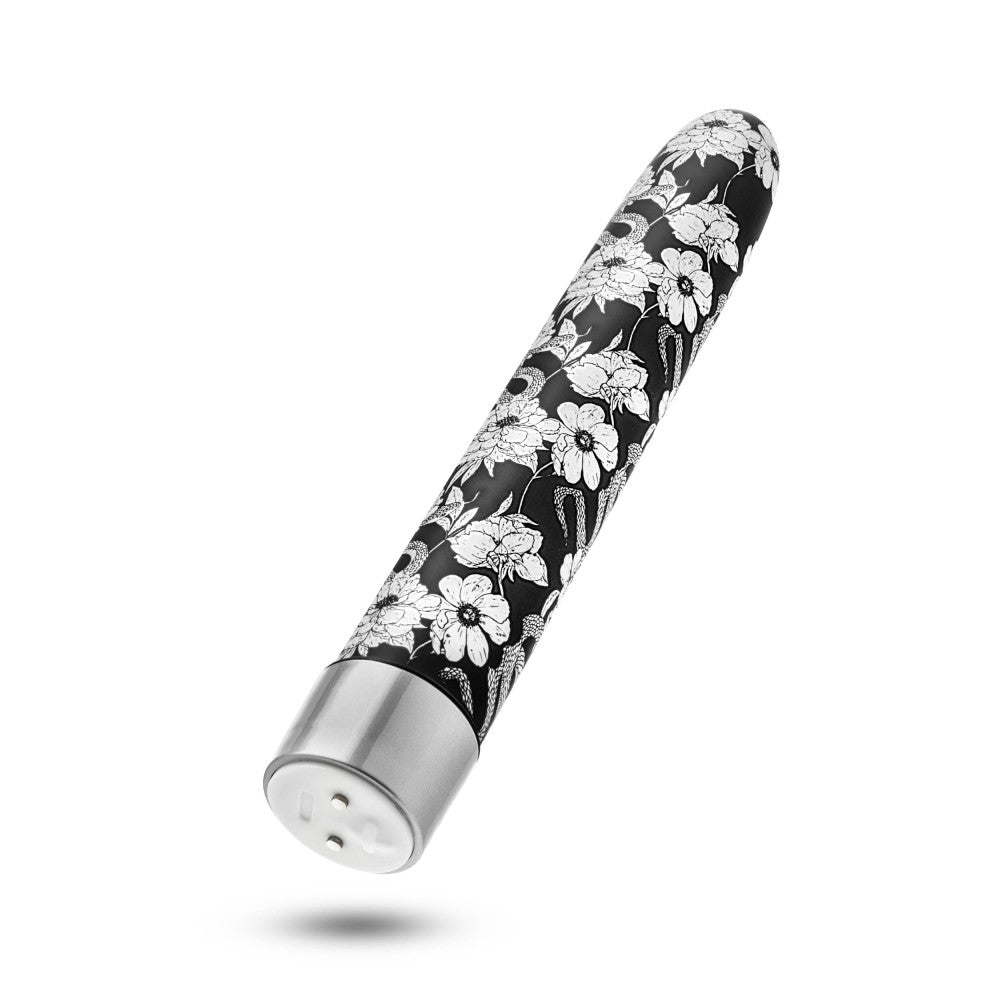 Black slimline vibrator with a white floral pattern, featuring RumbleTech™ vibrations, USB charging, and waterproof functionality.
Keywords: slimline vibrator, floral vibrator, black vibrator, RumbleTech vibrator, USB rechargeable vibrator, waterproof sex toy, elegant vibrator, body-safe sex toy, customizable vibrator, luxury adult toy.