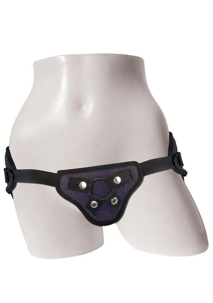 adjustable strap-on harness, flared base dildo harness, interchangeable O-ring harness, bullet vibrator channel harness, machine washable strap-on, velvety strap-on harness, strap-on for 60-inch hips, purple strap-on harness