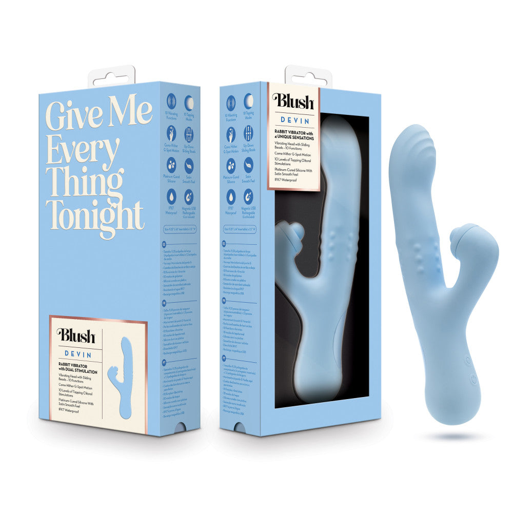 Blue dual-stimulation rabbit vibrator with sliding beads, come-hither motion, and clitoral massaging ball for waterproof play.

Keywords: rabbit vibrator, Devin vibrator, G-spot vibrator, clitoral stimulation, dual-stimulation, sliding beads vibrator, come-hither motion, waterproof vibrator, USB rechargeable, soft silicone, body-safe, 9.25-inch vibrator, massaging beads, clitoral thumper