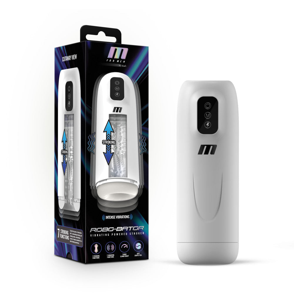 White vibrating and stroking male masturbator with Turbo Climax Boost, soft textured chamber, and USB rechargeable design.
Keywords: male masturbator, stroking masturbator, vibrating stroker, Robo-Bator, Turbo Climax Boost, soft inner chamber, USB rechargeable, IPX6 splashproof, phthalate-free, men's sex toy, powerful stroker, 7 modes vibrator, realistic texture