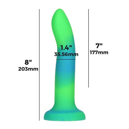 Glow-in-the-dark silicone dildos in vibrant blue, pink, and green colors with a bendable design and strong suction base. Keywords: glow-in-the-dark dildo, bendable silicone dong, vibrant sex toys, strong suction base dildo, harness-compatible toys, premium silicone dildos, rave-themed adult toys, colorful sex toys, party-themed dildos, bonus PowerBullet included.