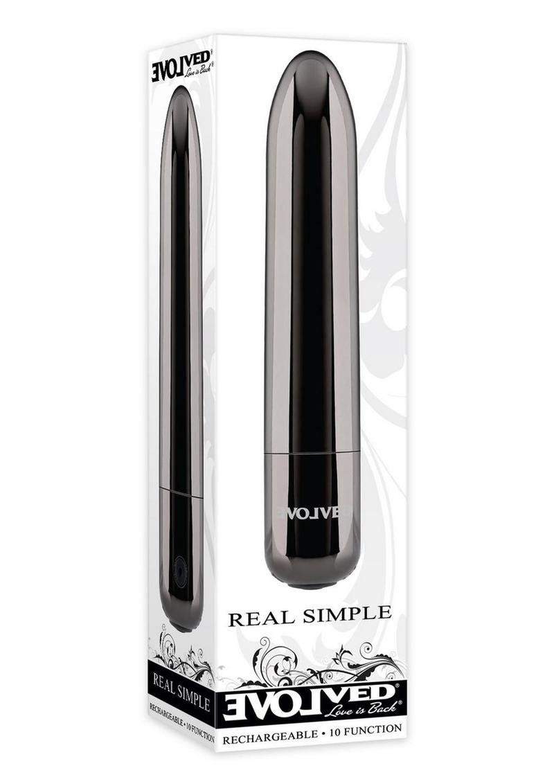 Real Simple Rechargeable Bullet - Smoke Evolved Real Simple Bullet Vibrator with 10 speeds, sleek black chrome finish, tapered tip, and USB charging. Keywords: Evolved Real Simple Bullet, bullet vibrator, 10-speed vibrator, sleek chrome finish vibrator, waterproof vibrator, rechargeable bullet vibe, tapered tip vibrator, compact travel-friendly vibrator, ABS plastic vibrator, powerful vibrating bullet.