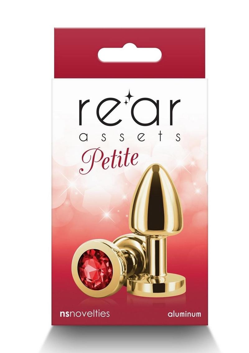 Rear Assets Aluminum Anal Plug - Petite - Gold/Metal/Red - XSmall Packaging for the Rear Assets Petite Gold anal plug, featuring a vibrant red jeweled base and a sleek chrome finish.