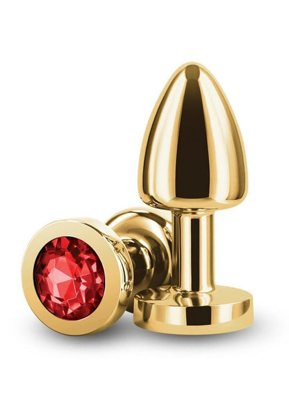 Rear Assets Aluminum Anal Plug - Petite - Gold/Metal/Red - XSmall A collection of Rear Assets chrome-plated anal plugs in a variety of colors, each featuring a jeweled base for added visual appeal.