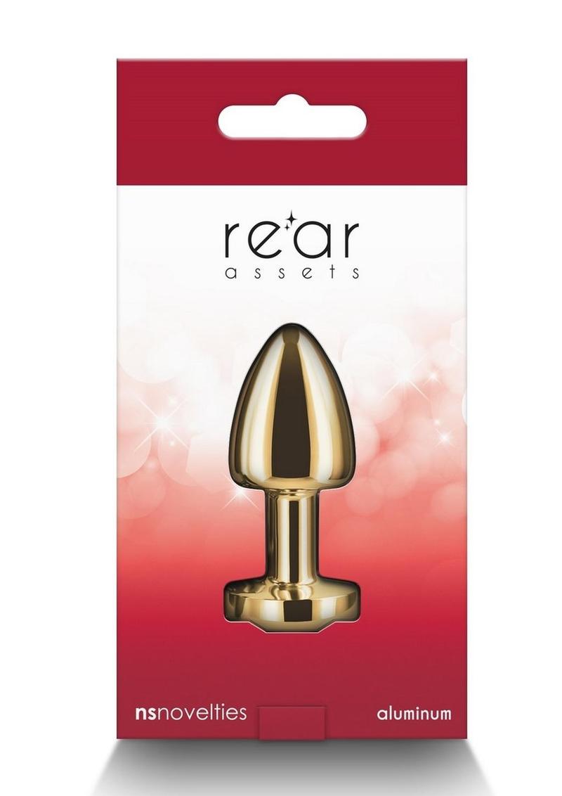 Packaging for the Rear Assets Petite Gold anal plug, featuring a vibrant red jeweled base and a sleek chrome finish.