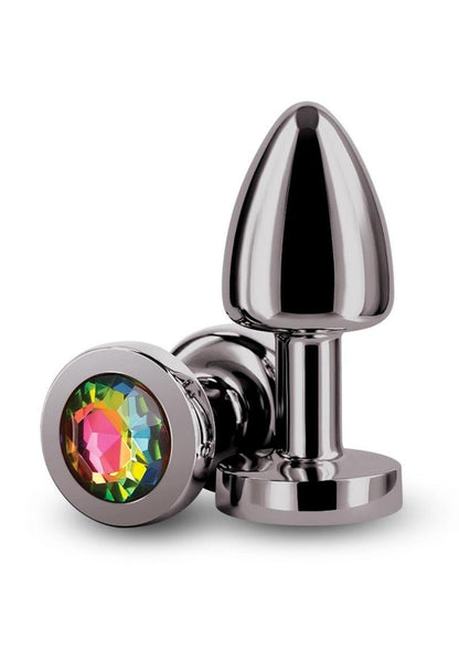 Rear Assets Aluminum Anal Plug - Petite - Grey/Gun Metal/Metal/Multicolor/Rainbow - XSmall A collection of Rear Assets chrome-plated anal plugs in a variety of colors, each featuring a jeweled base for added visual appeal.