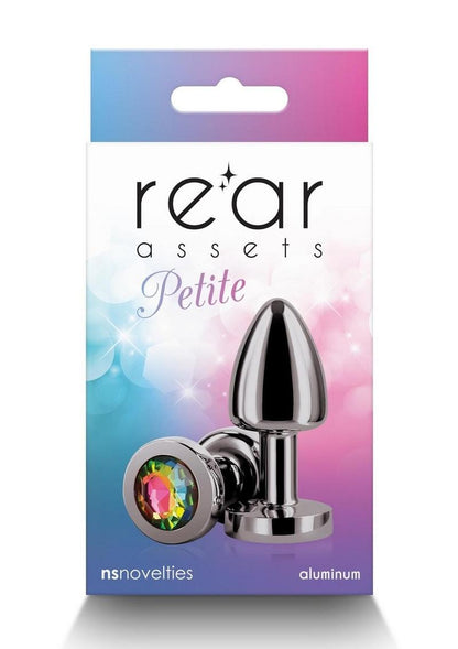 A collection of Rear Assets chrome-plated anal plugs in a variety of colors, each featuring a jeweled base for added visual appeal.