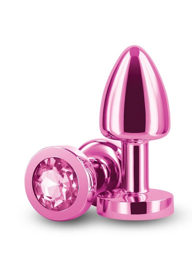 A collection of Rear Assets chrome-plated anal plugs in a variety of colors, each featuring a jeweled base for added visual appeal.