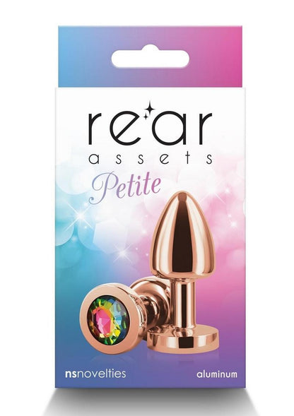 Rear Assets Aluminum Anal Plug - Petite - Metal/Multicolor/Rainbow/Rose Gold - XSmall A collection of Rear Assets chrome-plated anal plugs in a variety of colors, each featuring a jeweled base for added visual appeal.