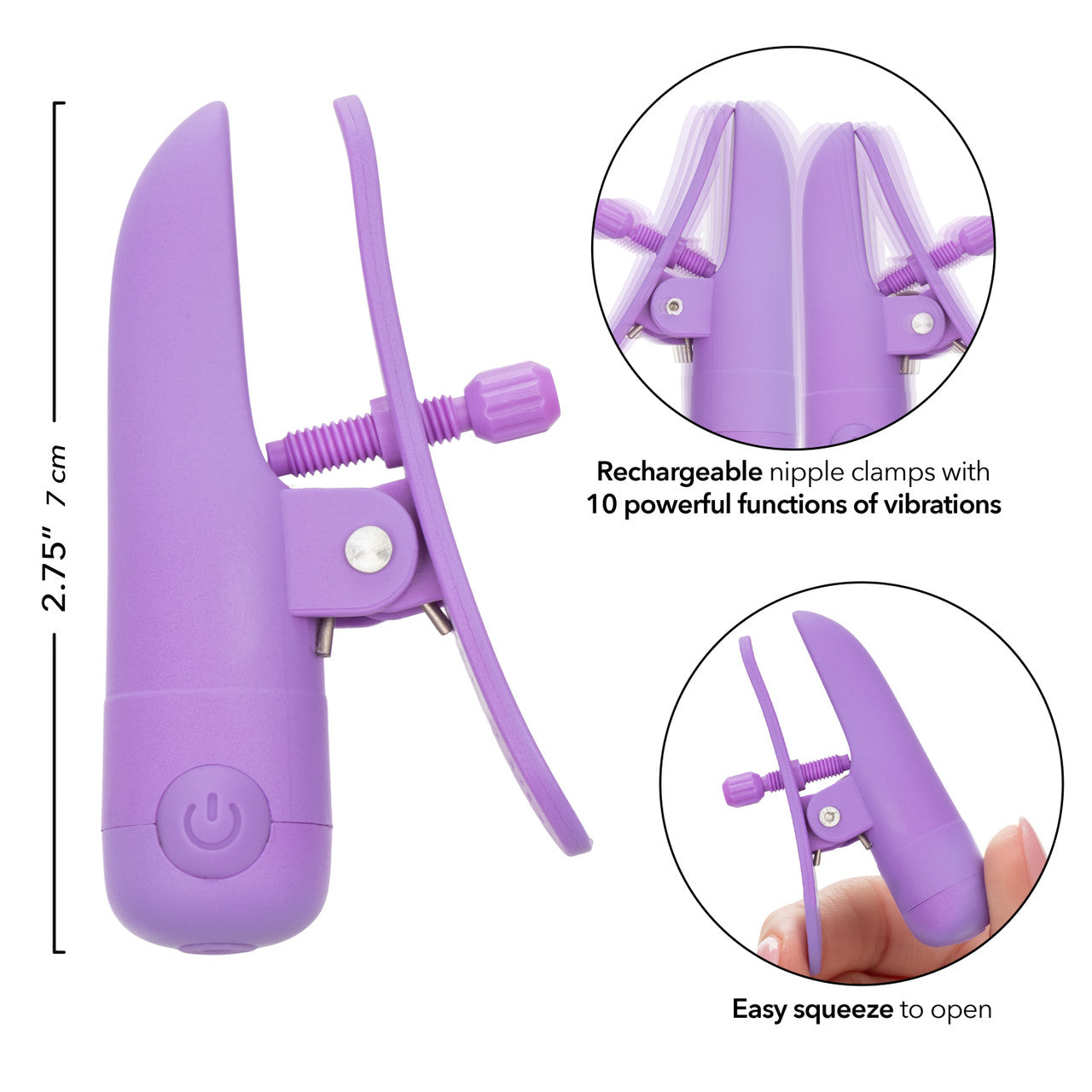 Nipplettes Rechargeable Nipple Clamps in pink or purple, with adjustable tension, 10 vibration functions, and waterproof, USB-rechargeable design.

pink nipple clamps, purple nipple clamps, adjustable nipple clamps, vibrating clamps, waterproof nipple clamps, USB rechargeable clamps, 10-function clamps, wearable nipple toys, sensory play accessories, stylish nipple clamps.