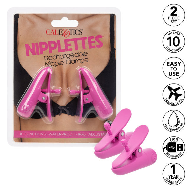 Nipplettes Rechargeable Nipple Clamps in pink or purple, with adjustable tension, 10 vibration functions, and waterproof, USB-rechargeable design.

pink nipple clamps, purple nipple clamps, adjustable nipple clamps, vibrating clamps, waterproof nipple clamps, USB rechargeable clamps, 10-function clamps, wearable nipple toys, sensory play accessories, stylish nipple clamps.