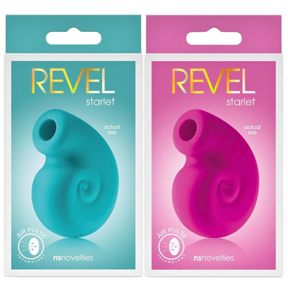 Packaging for the Revel Starlet Air Pulse Vibrator in teal and pink, highlighting its snail shell-inspired design. Features include Air Pulse Technology and the product's actual size image on the front, branded by NS Novelties.