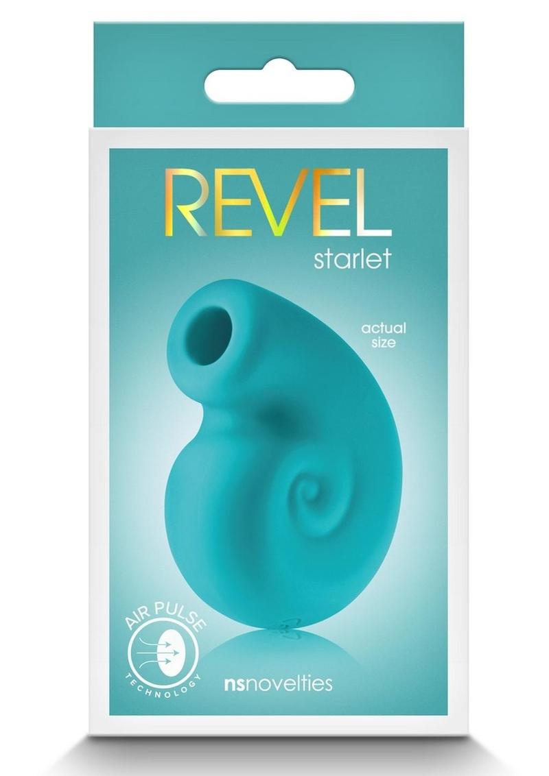 Packaging for the Revel Starlet Air Pulse Vibrator in teal and pink, highlighting its snail shell-inspired design. Features include Air Pulse Technology and the product's actual size image on the front, branded by NS Novelties.