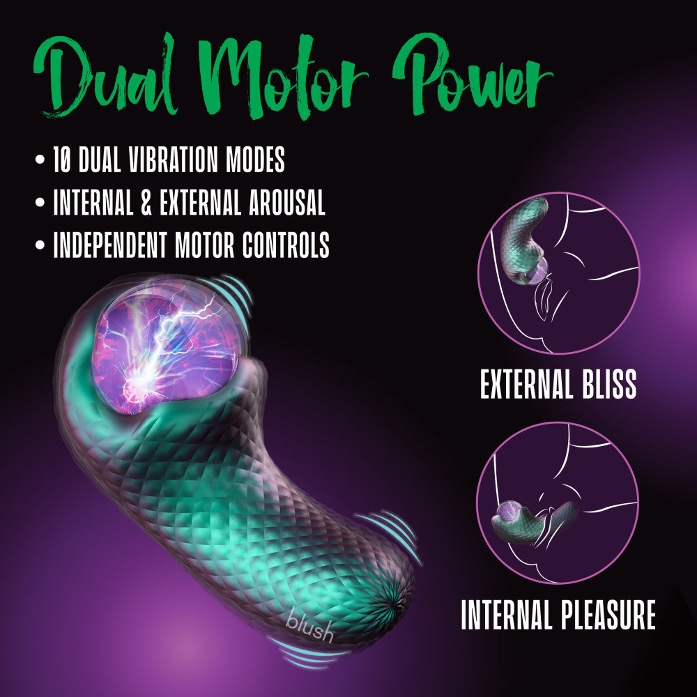 A mystical vibrator with a plasma globe, dual motors, and textured silicone design. Offers 10 vibration settings, USB charging, and a satin-smooth feel. Keywords: Temptasia Enchanted Serpent, plasma globe vibrator, dual motors, textured silicone, luxury vibrator, USB rechargeable, waterproof vibrator, 10 vibration settings, solo play vibrator, partner play toy, erotic fantasy vibrator